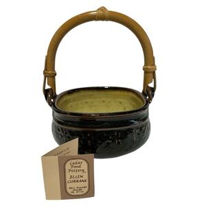 Vintage Ellen Currans Cedar Pond Pottery Handle Basket Black/Brown Artist Stamp